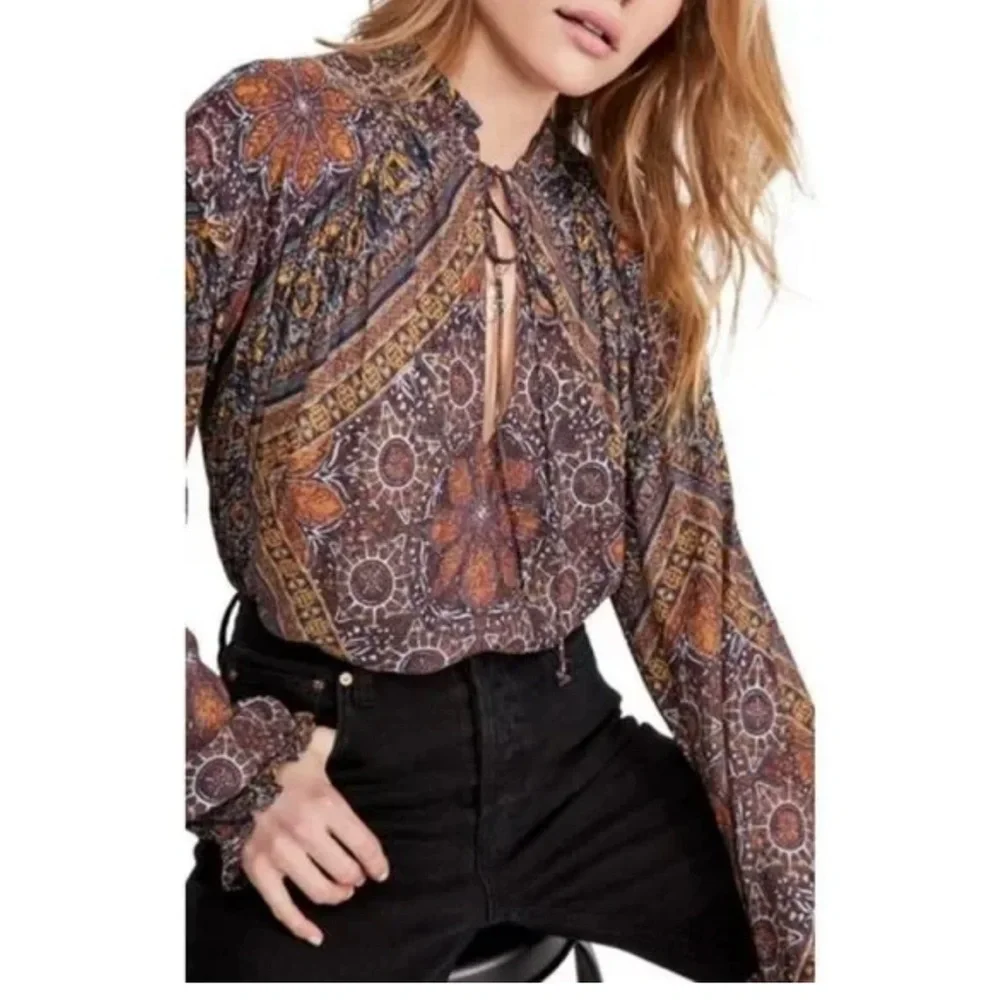 Free People Little Runaway Blouse Long Sleeve Ruffle Collar V-neck Boho Size